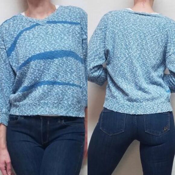 VINTAGE 70s B. Bronson Blue Striped Crop Sweater - Picture 1 of 9